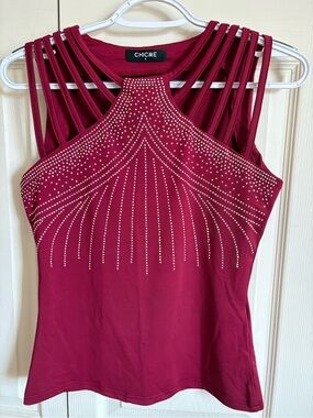 chic Burgundy Strappy Rhinestone Halter Tank Top